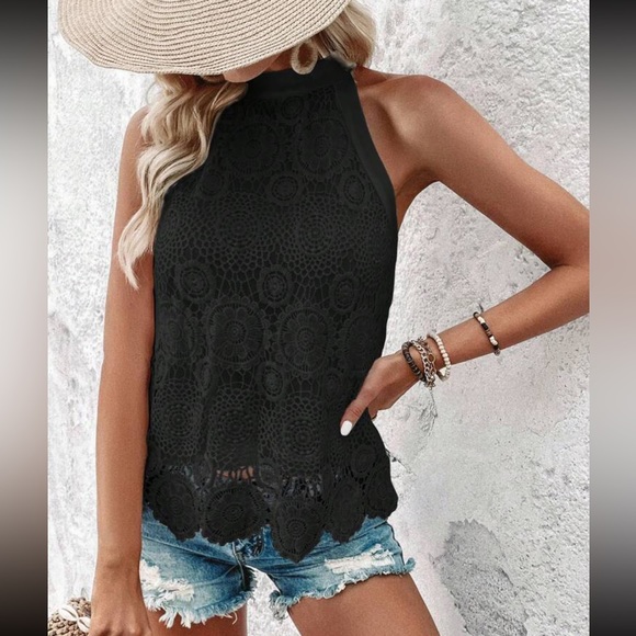 Boho Floral Sheer Mesh Lace High Mock Halter Neck Top Blouse Shirt White - Picture 6 of 12